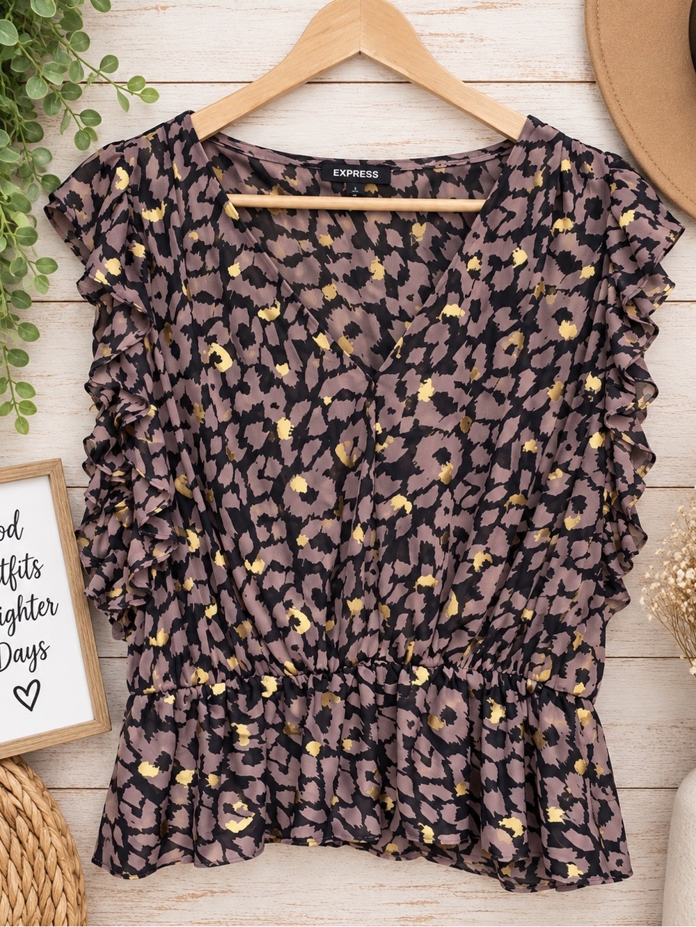 Express Taupe and Black Leopard-Print Ruffle V-Neck Top with Gold Spots